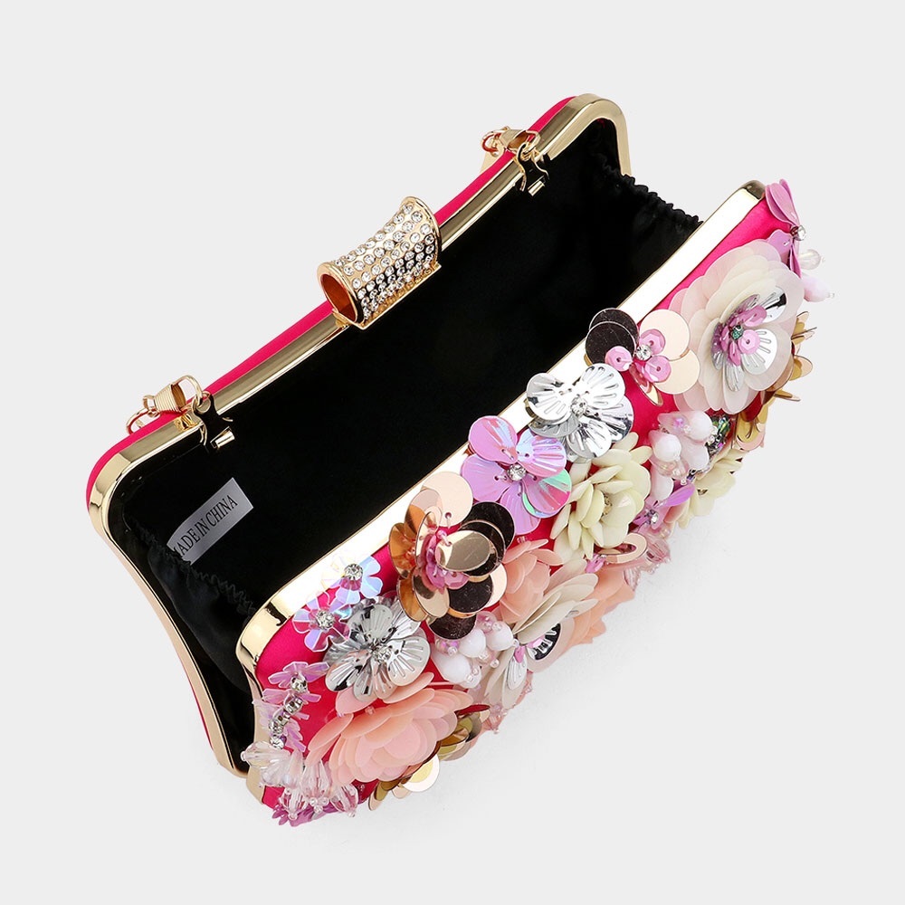 Sequin 3-D Flower Embellished Clutch Evening Bag - Picture 4 of 5